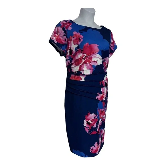 Monroe & Main Pleat-Side Floral Office Casual Brunch Stretch Knit Church Dress - Picture 3 of 16